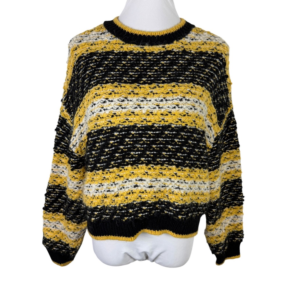 MNG Mango Women's Medium Striped Knit Sweater Yellow Black White Crew Neck